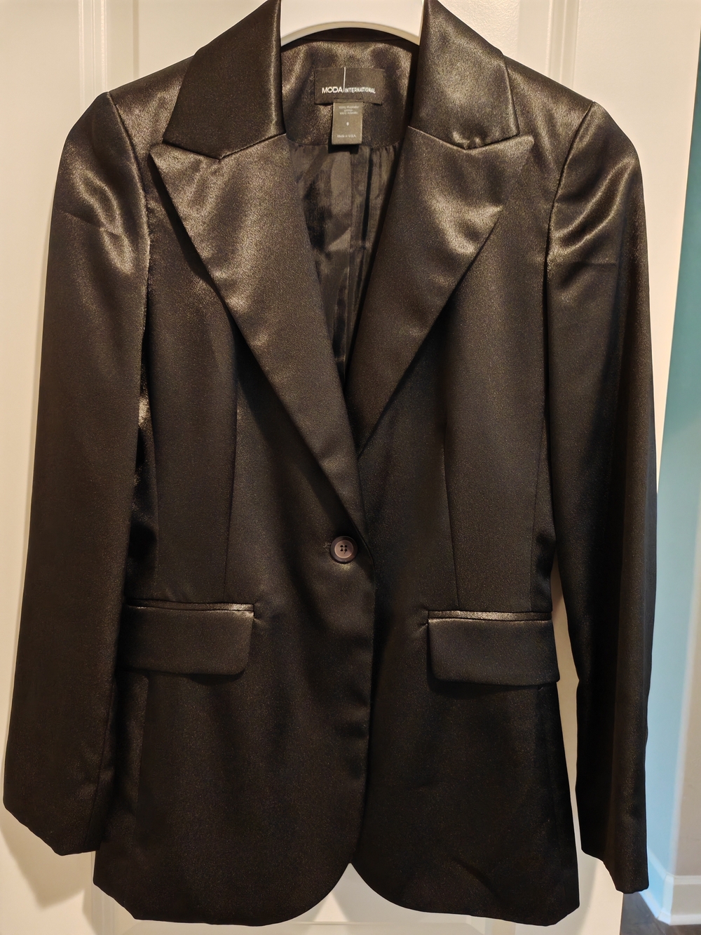 Moda International Black Satin Single-Button Tailored Blazer